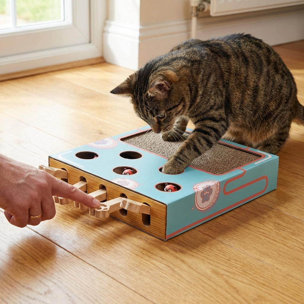 Interactive Whack-a-Mole Cat Toy Box with Corrugated Scratchpad | Cardboard