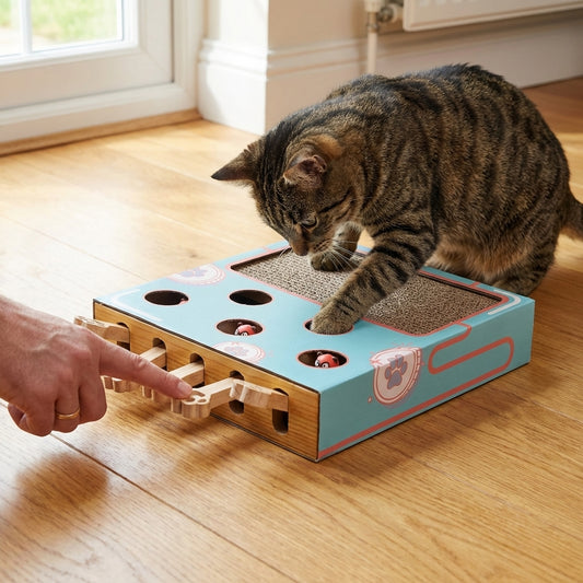Interactive Whack-a-Mole Cat Toy Box with Corrugated Scratchpad | Cardboard