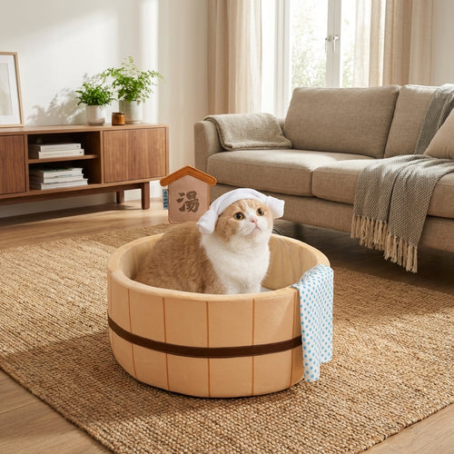 Japanese-Style Hot Spring Tub Cat Bed | Cotton & Corrugated | Brown