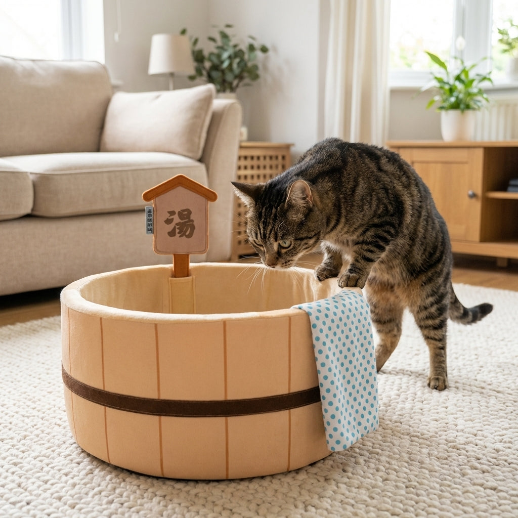 Japanese-Style Hot Spring Tub Cat Bed | Cotton & Corrugated | Brown