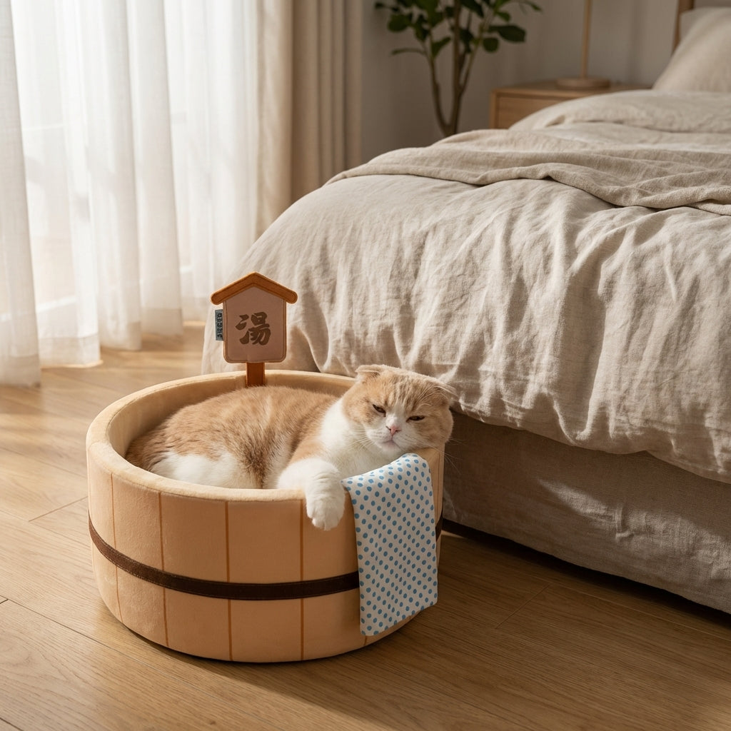 Japanese-Style Hot Spring Tub Cat Bed | Cotton & Corrugated | Brown