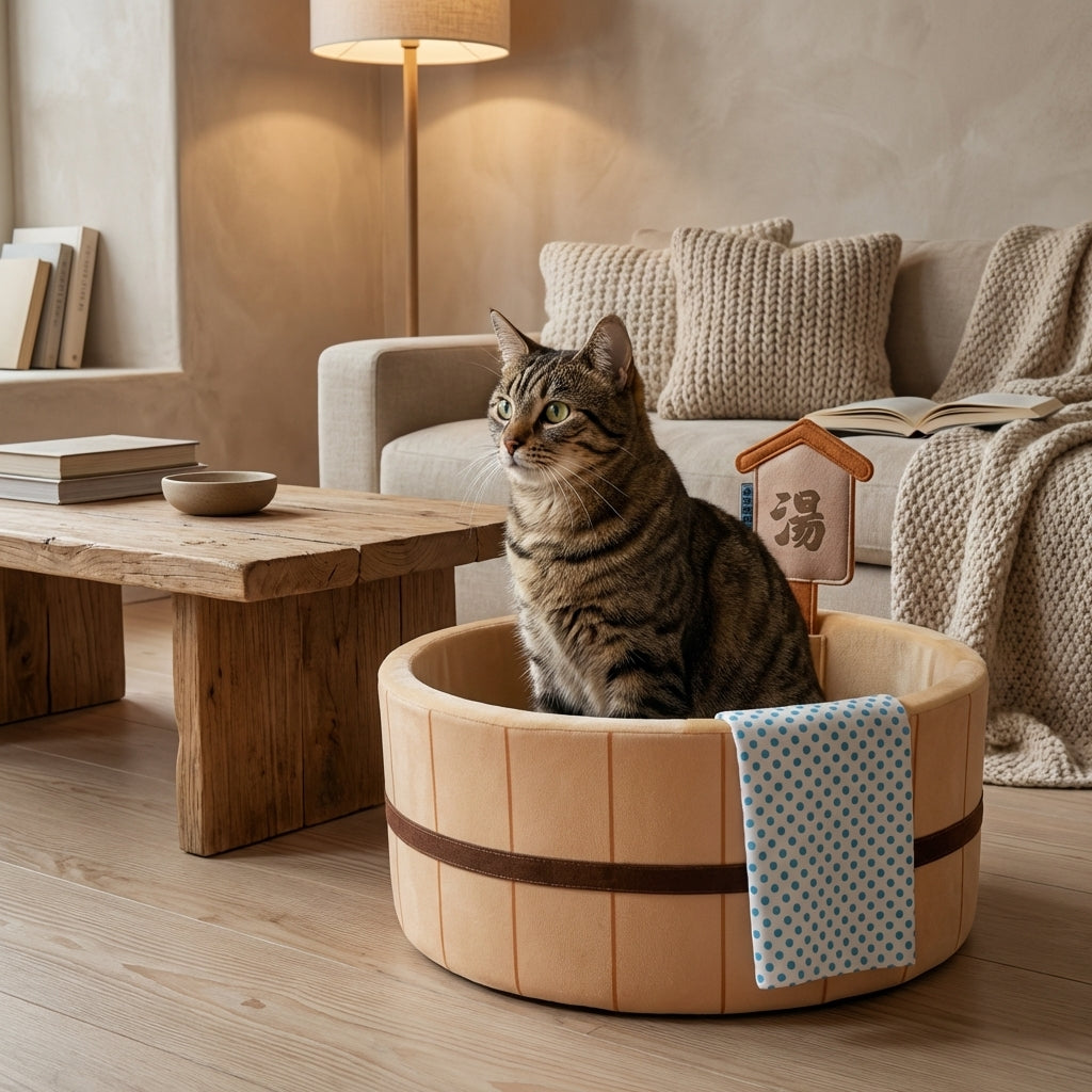 Japanese-Style Hot Spring Tub Cat Bed | Cotton & Corrugated | Brown