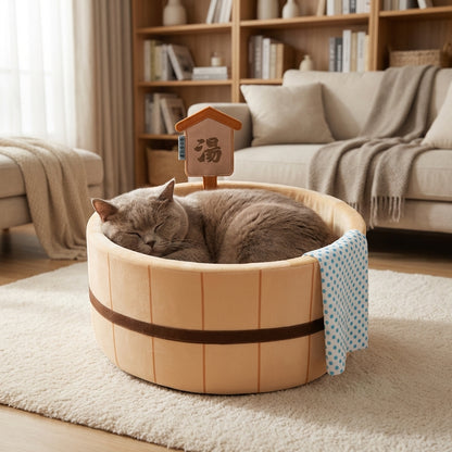 Japanese-Style Hot Spring Tub Cat Bed | Cotton & Corrugated | Brown
