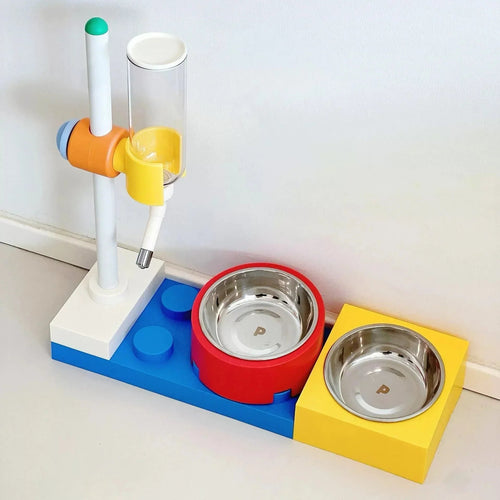 Building Block Cat Bowl Set | 15° Tilted Holders, Steel or Ceramic Bowls