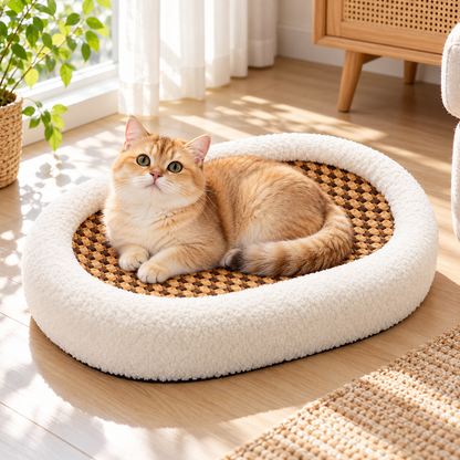 Cat Bed with Woven Scratch Pad | Oval, Fluffy Rim