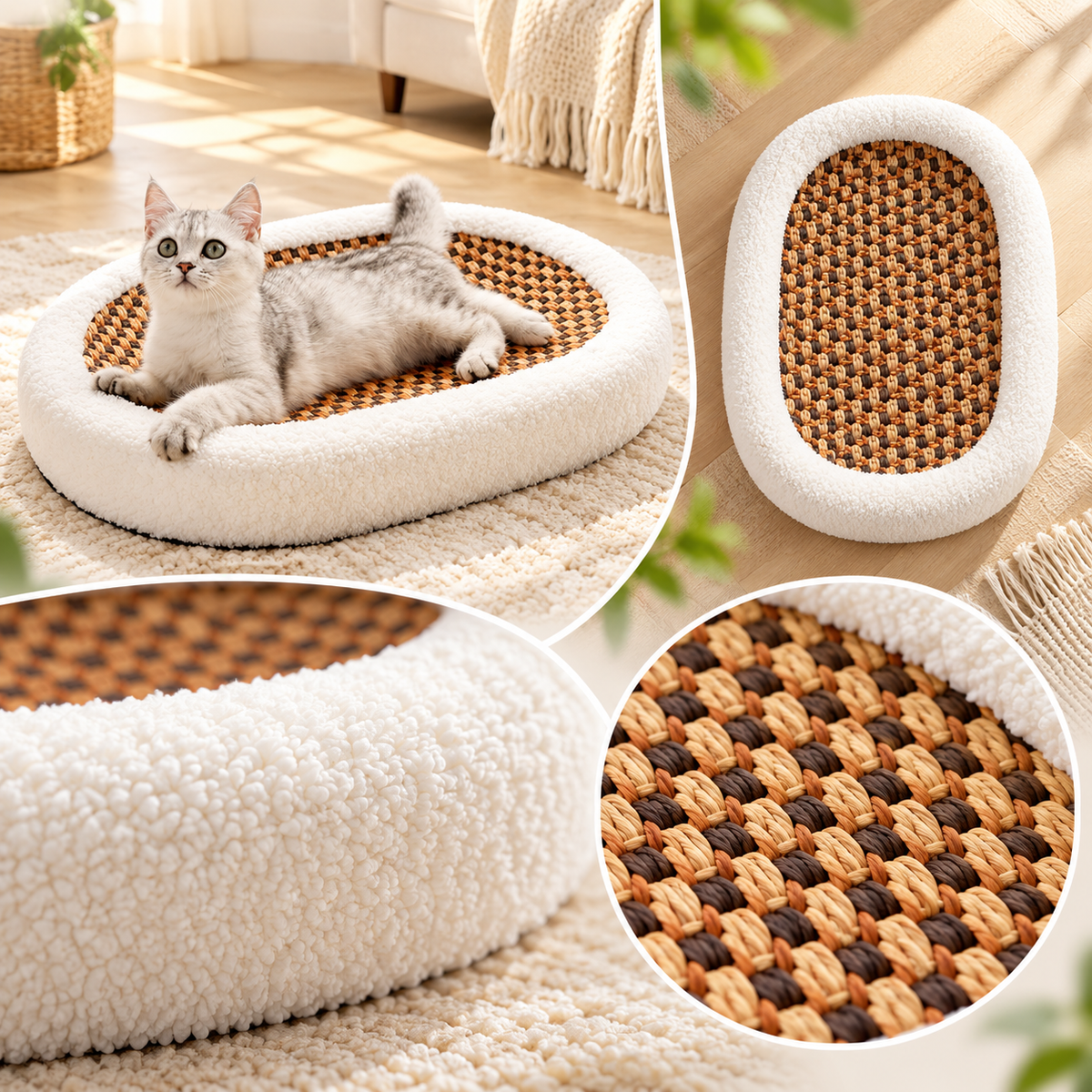 Cat Bed with Woven Scratch Pad | Oval, Fluffy Rim