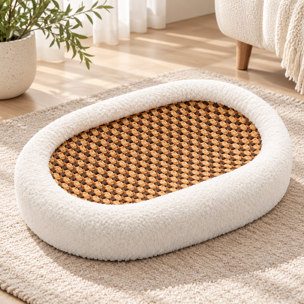 Cat Bed with Woven Scratch Pad | Oval, Fluffy Rim