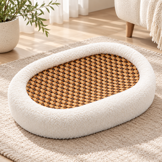 Cat Bed with Woven Scratch Pad | Oval, Fluffy Rim