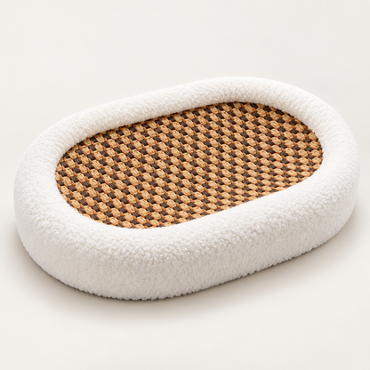 Cat Bed with Woven Scratch Pad | Oval, Fluffy Rim