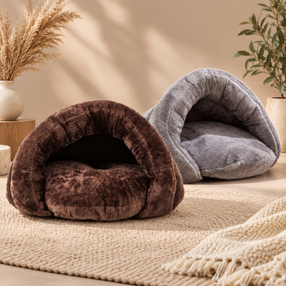 Plush Cave Dog Bed for Small Dogs | Hooded Igloo, Brown or Gray
