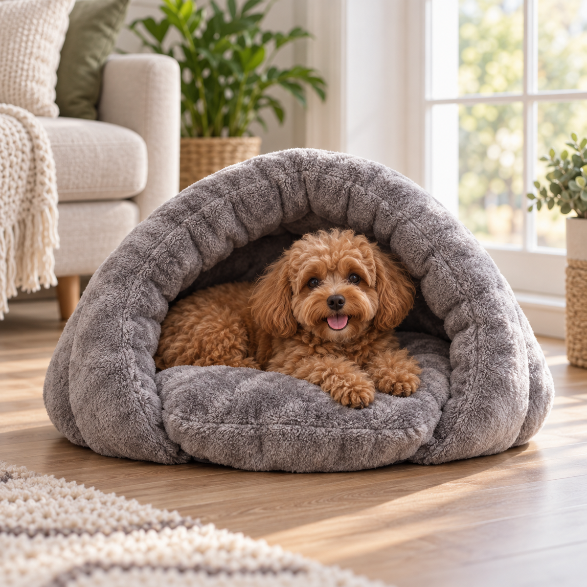 Plush Cave Dog Bed for Small Dogs | Hooded Igloo, Brown or Gray