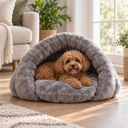 Plush Cave Dog Bed for Small Dogs | Hooded Igloo, Brown or Gray