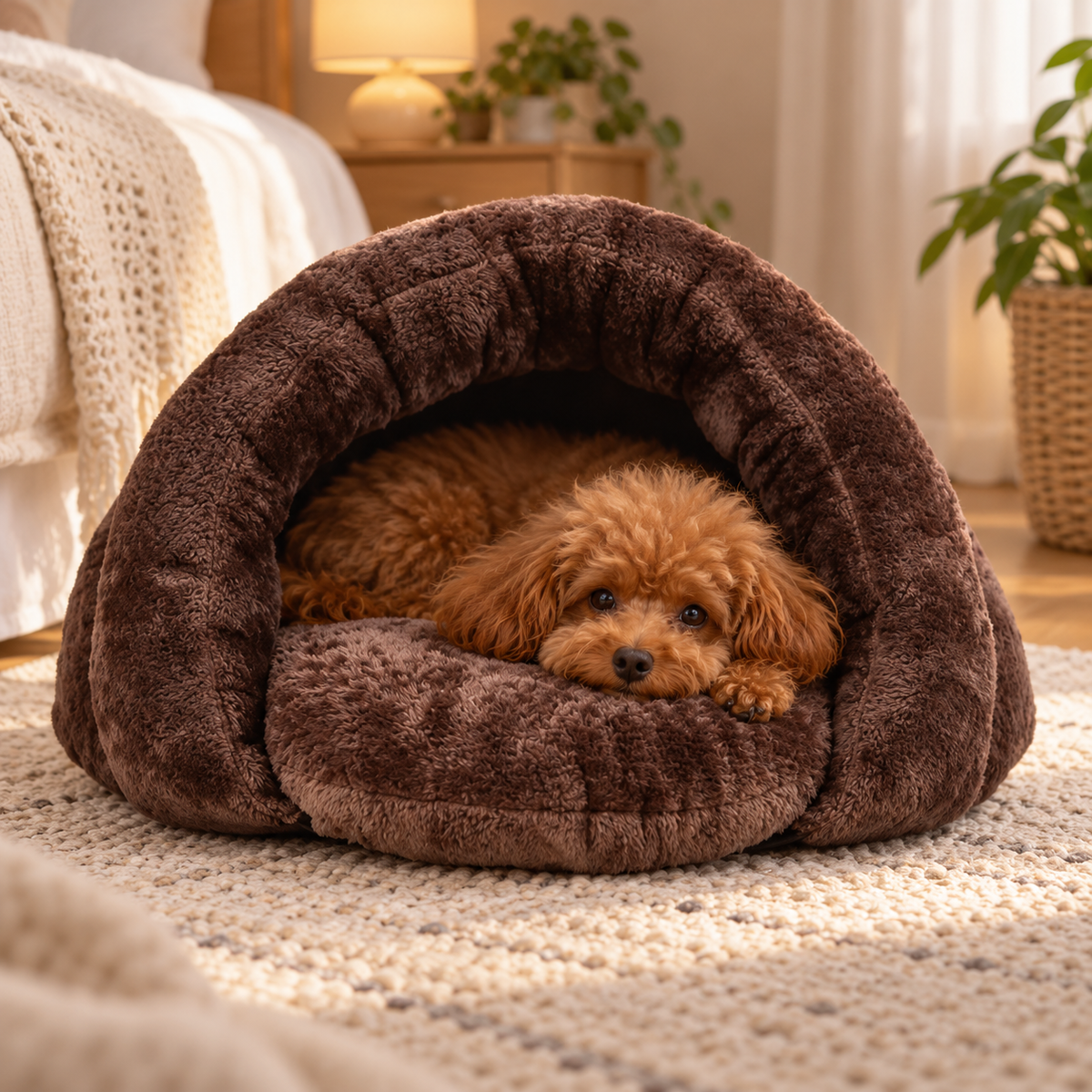 Plush Cave Dog Bed for Small Dogs | Hooded Igloo, Brown or Gray