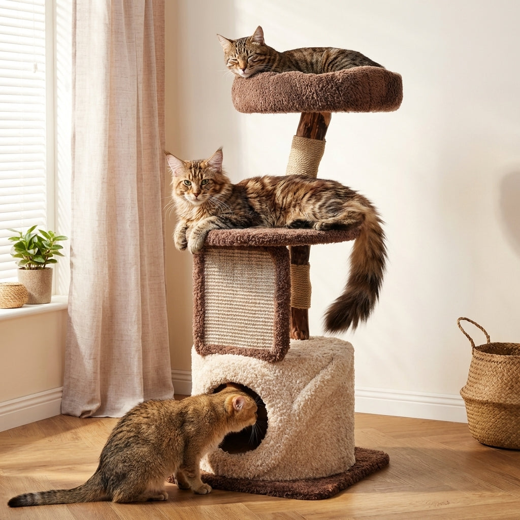 Multi-Level Cat Tree with Climbing Platforms & Hideaway | Solid Wood | 3 Sizes