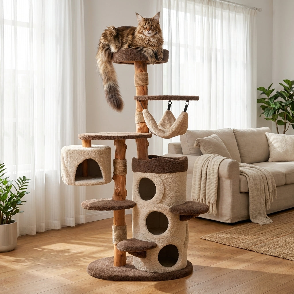 Multi-Level Cat Tree with Climbing Platforms & Hideaway | Solid Wood | 3 Sizes