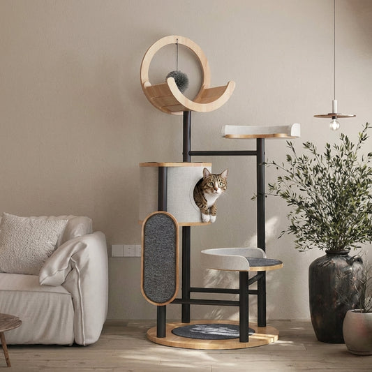 Multi-Level Cat Tree with Scratching Board & Cat Cave | Rubberwood & Steel Frame | 70 x 96 x 167 cm