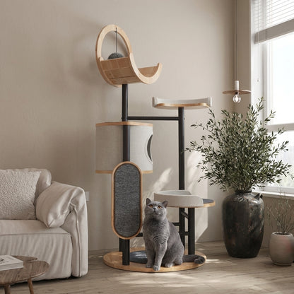 Multi-Level Cat Tree with Scratching Board & Cat Cave | Rubberwood & Steel Frame | 70 x 96 x 167 cm