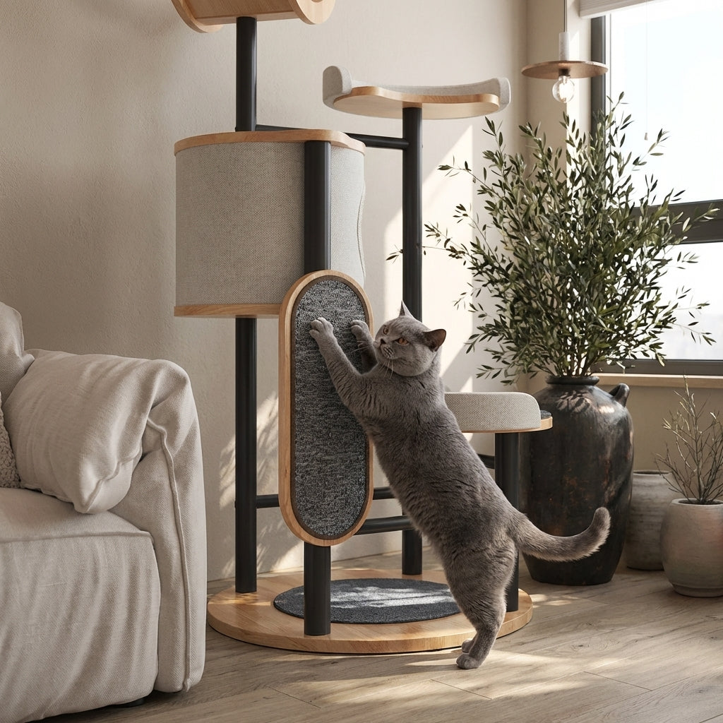 Multi-Level Cat Tree with Scratching Board & Cat Cave | Rubberwood & Steel Frame | 70 x 96 x 167 cm