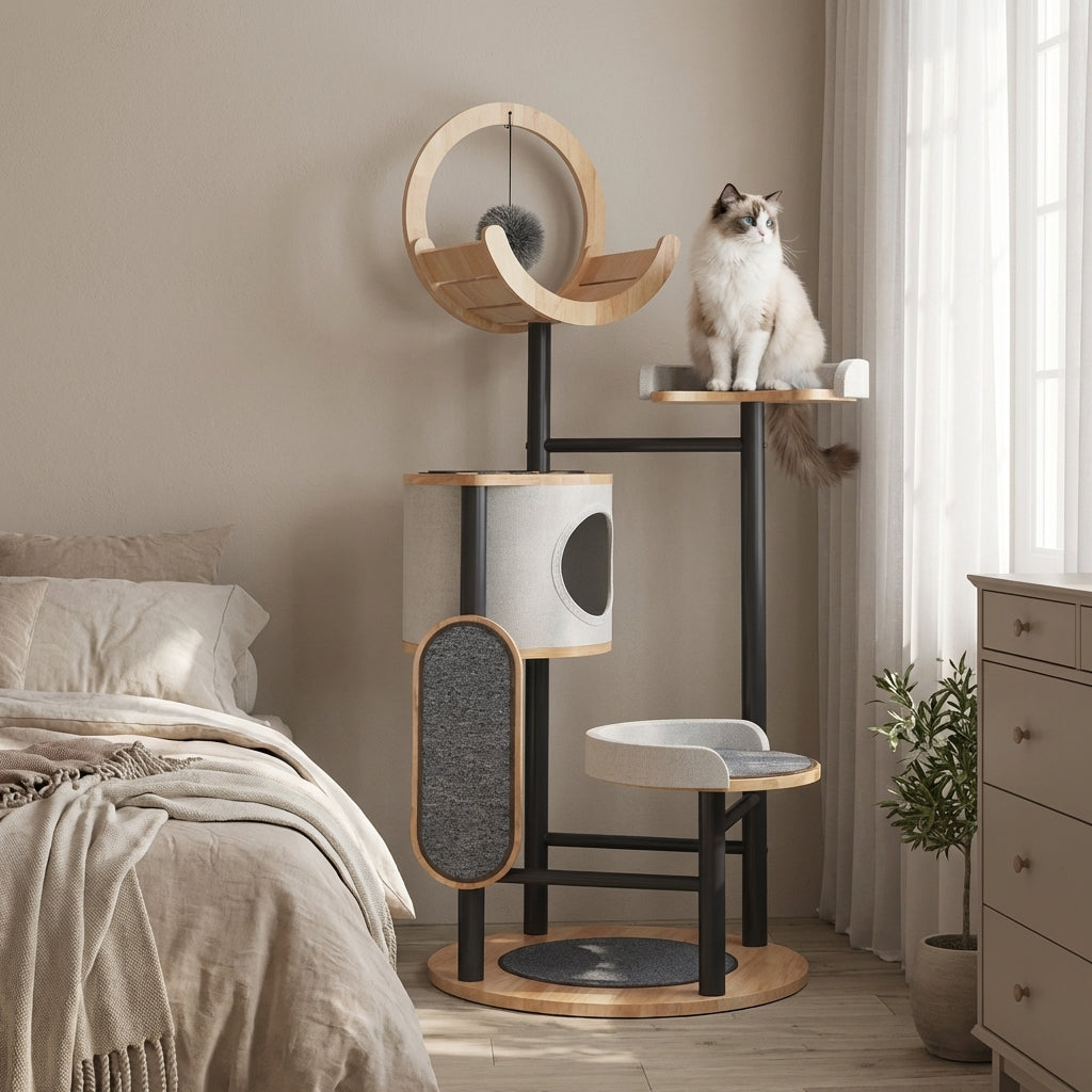 Multi-Level Cat Tree with Scratching Board & Cat Cave | Rubberwood & Steel Frame | 70 x 96 x 167 cm
