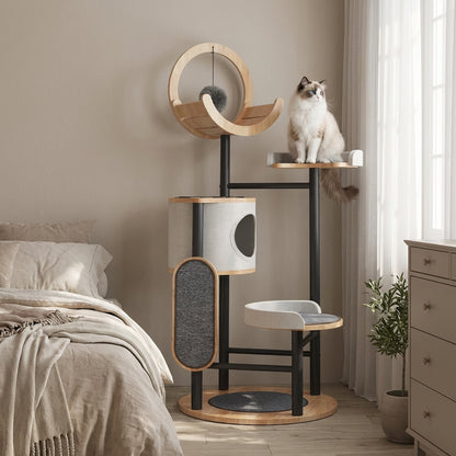 Multi-Level Cat Tree with Scratching Board & Cat Cave | Rubberwood & Steel Frame | 70 x 96 x 167 cm