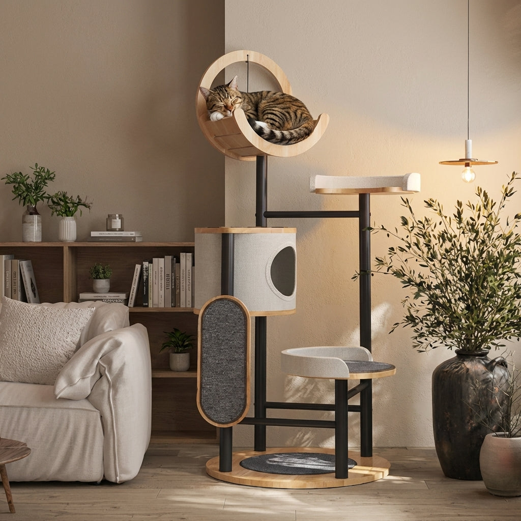 Multi-Level Cat Tree with Scratching Board & Cat Cave | Rubberwood & Steel Frame | 70 x 96 x 167 cm
