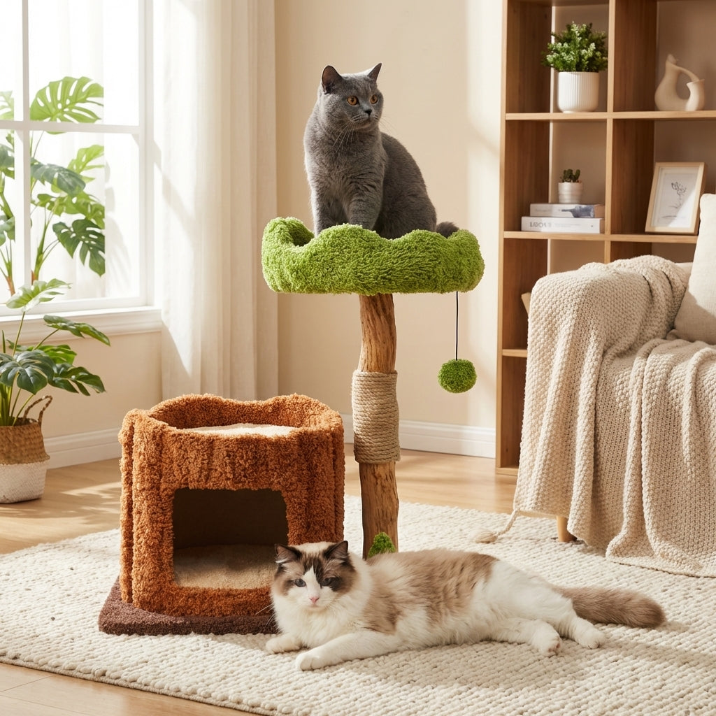 Multi-Level Cat Tree with Scratching Post & Plush Perches | Solid Wood & Sisal