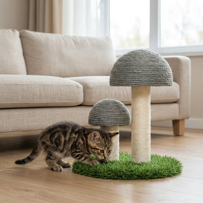 Mushroom-Shaped Sisal Scratching Post | Artificial Grass Base | Set of 2