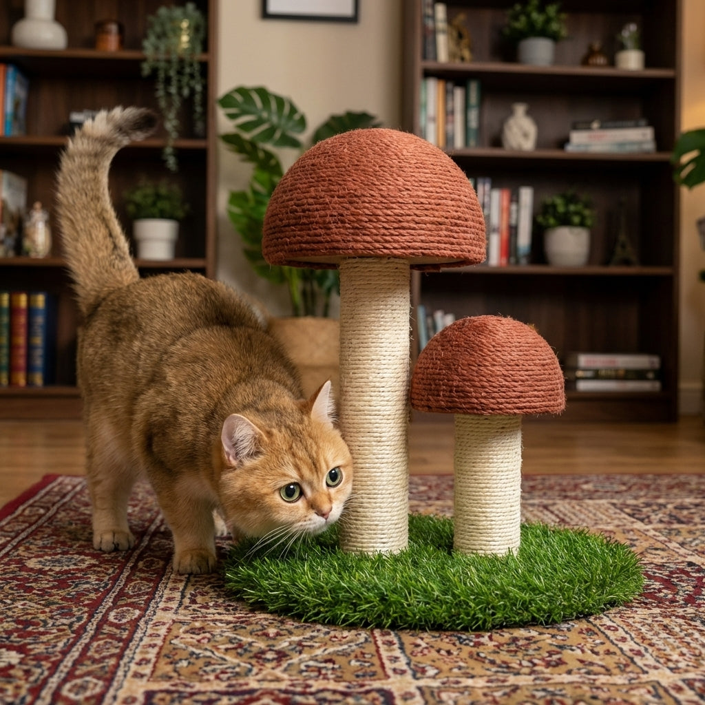 Mushroom-Shaped Sisal Scratching Post | Artificial Grass Base | Set of 2