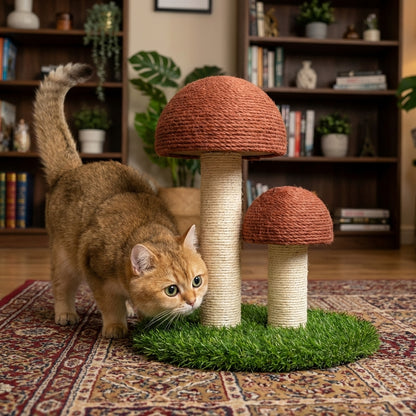 Mushroom-Shaped Sisal Scratching Post | Artificial Grass Base | Set of 2