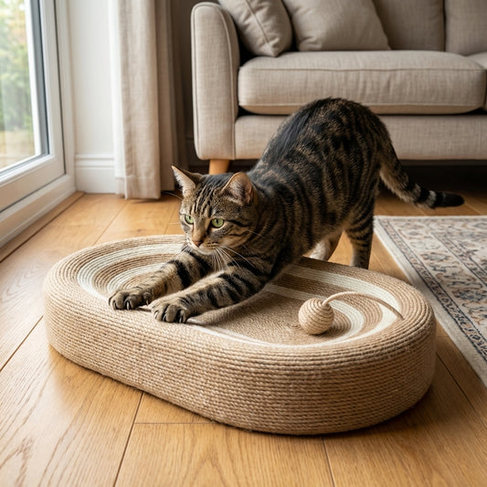 Oval Sisal Scratching Board for Cats | Flat & Wall-Mount | With Toy Ball