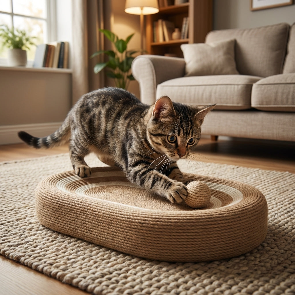 Oval Sisal Scratching Board for Cats | Flat & Wall-Mount | With Toy Ball