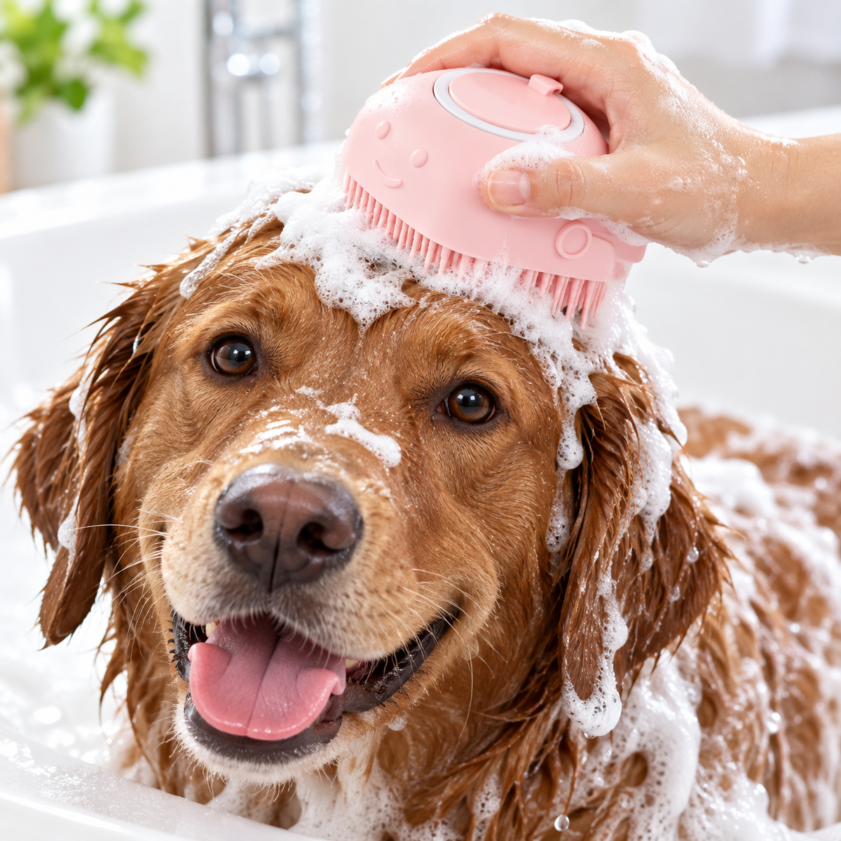 Dog Bath Brush with Shampoo Dispenser | Soft Bristles, Hand Strap