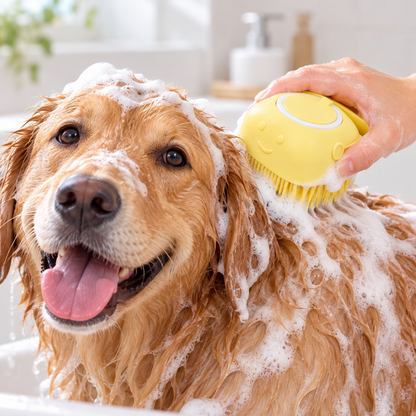 Dog Bath Brush with Shampoo Dispenser | Soft Bristles, Hand Strap