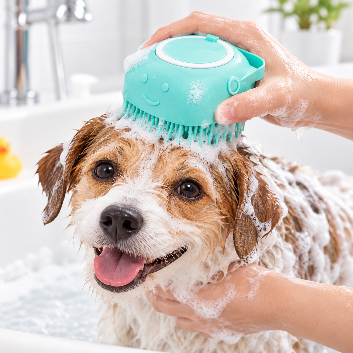 Dog Bath Brush with Shampoo Dispenser | Soft Bristles, Hand Strap