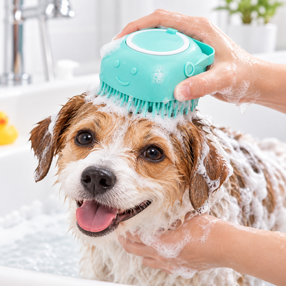 Dog Bath Brush with Shampoo Dispenser | Soft Bristles, Hand Strap
