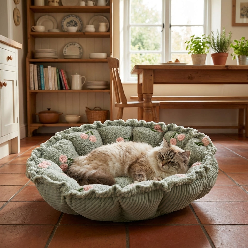 Petal-Shape Adjustable Cat Bed | Cloudy Velvet | Cherry Print | S / M