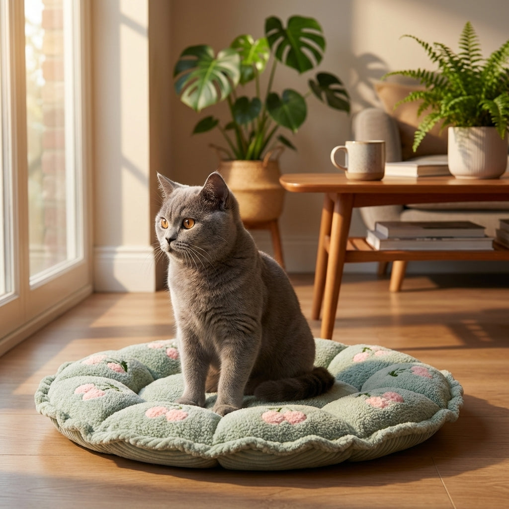 Petal-Shape Adjustable Cat Bed | Cloudy Velvet | Cherry Print | S / M