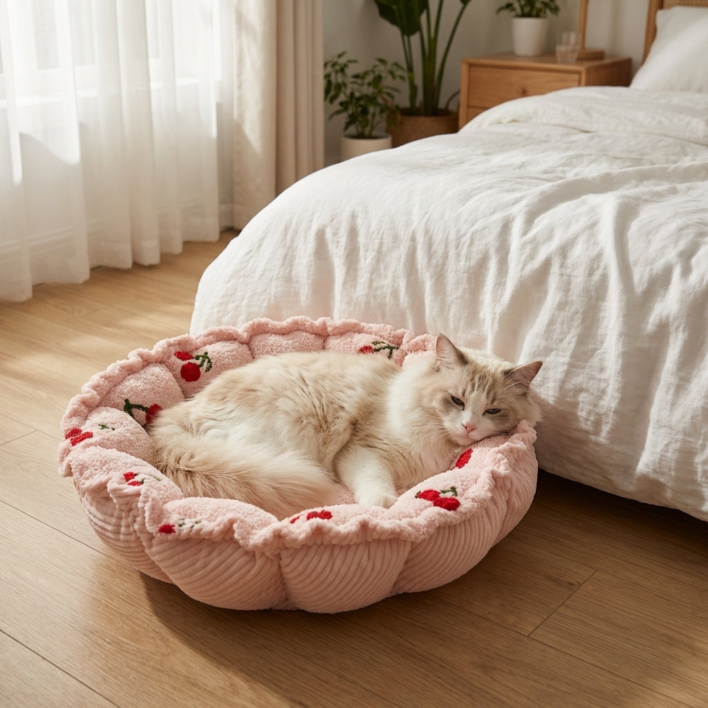 Petal-Shape Adjustable Cat Bed | Cloudy Velvet | Cherry Print | S / M