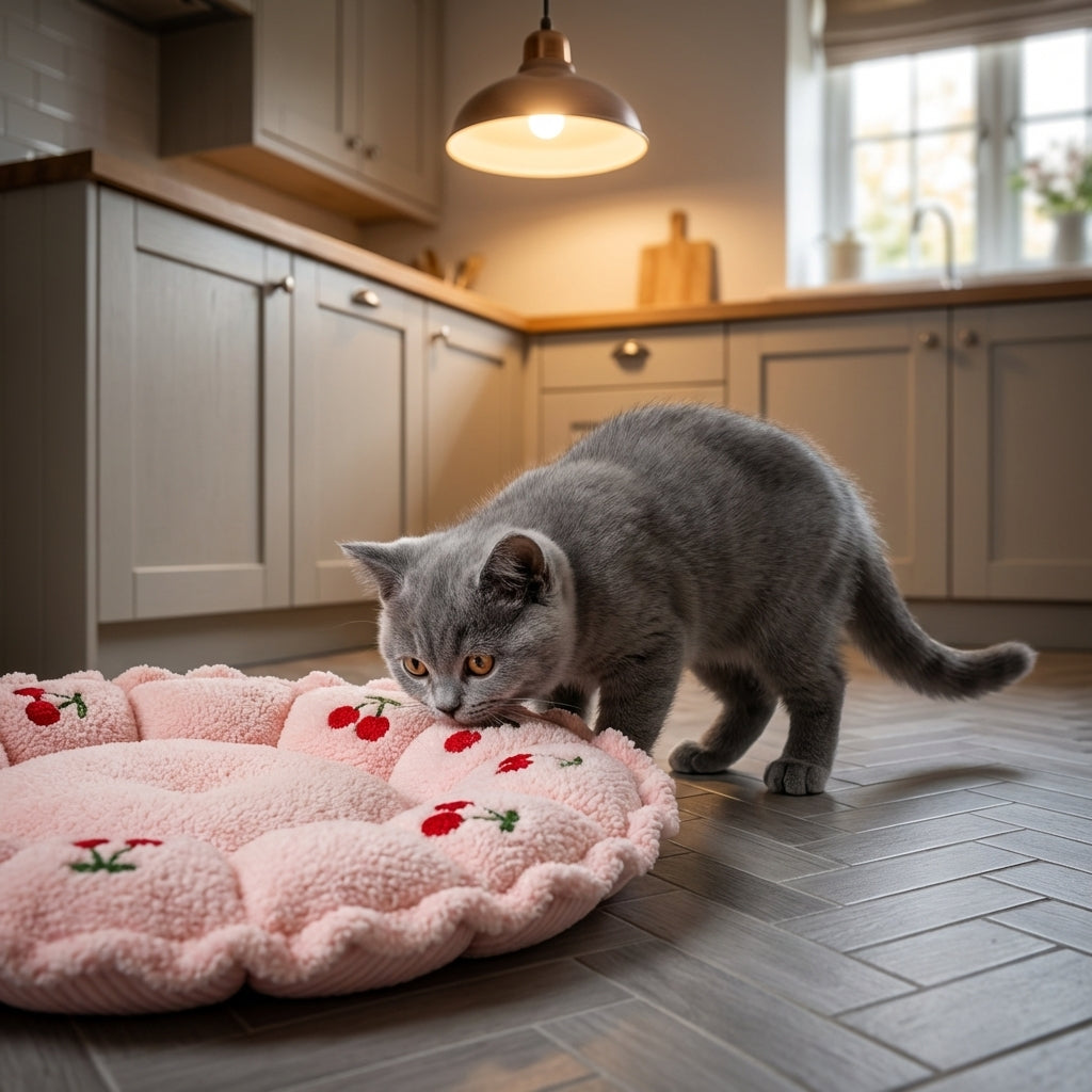 Petal-Shape Adjustable Cat Bed | Cloudy Velvet | Cherry Print | S / M