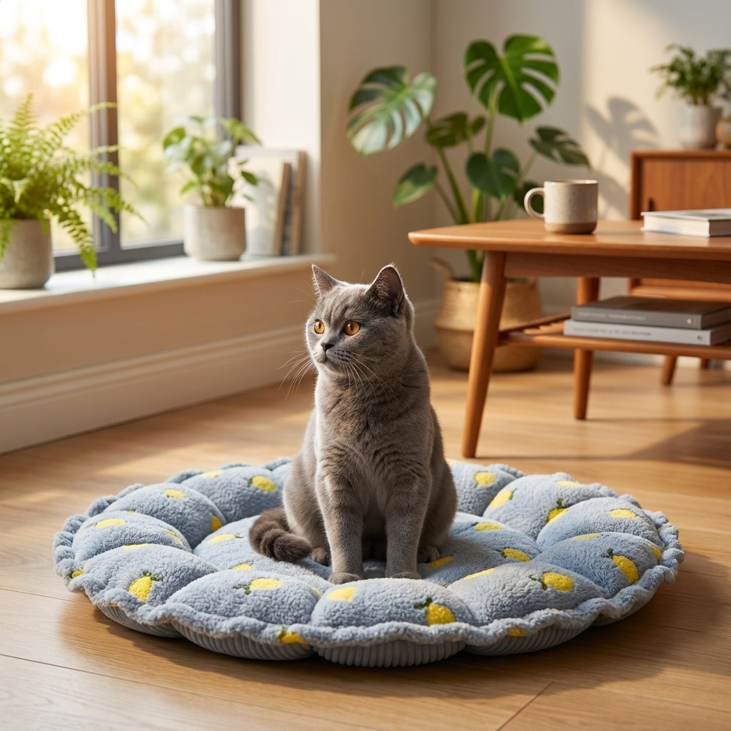 Petal-Shape Adjustable Cat Bed | Cloudy Velvet | Cherry Print | S / M