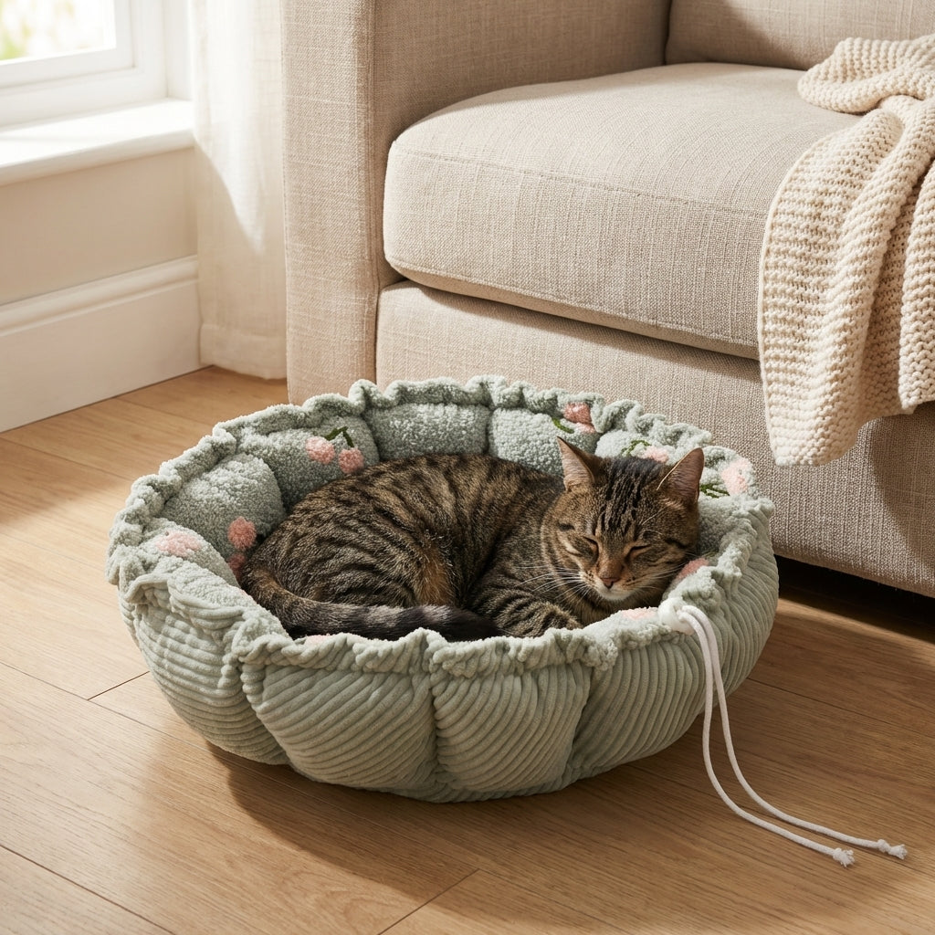 Petal-Shape Adjustable Cat Bed | Cloudy Velvet | Cherry Print | S / M