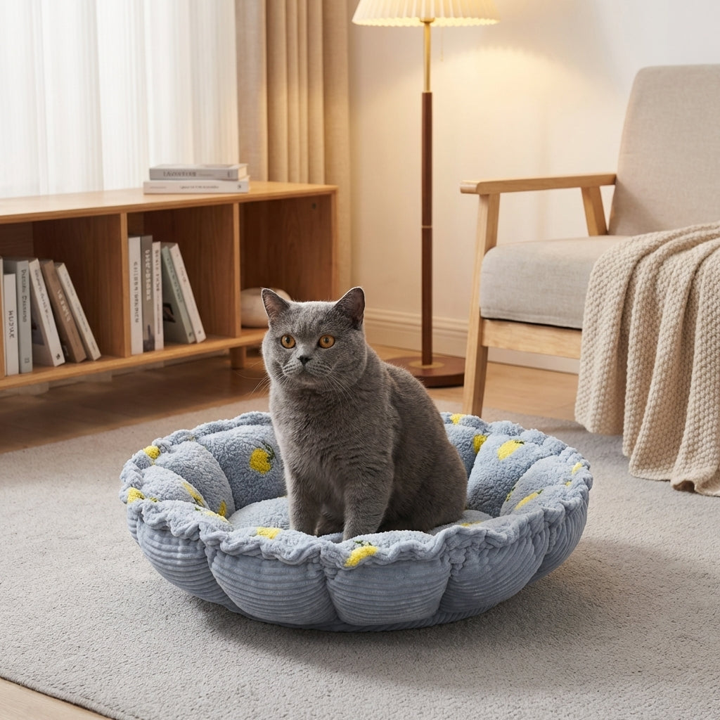 Petal-Shape Adjustable Cat Bed | Cloudy Velvet | Cherry Print | S / M