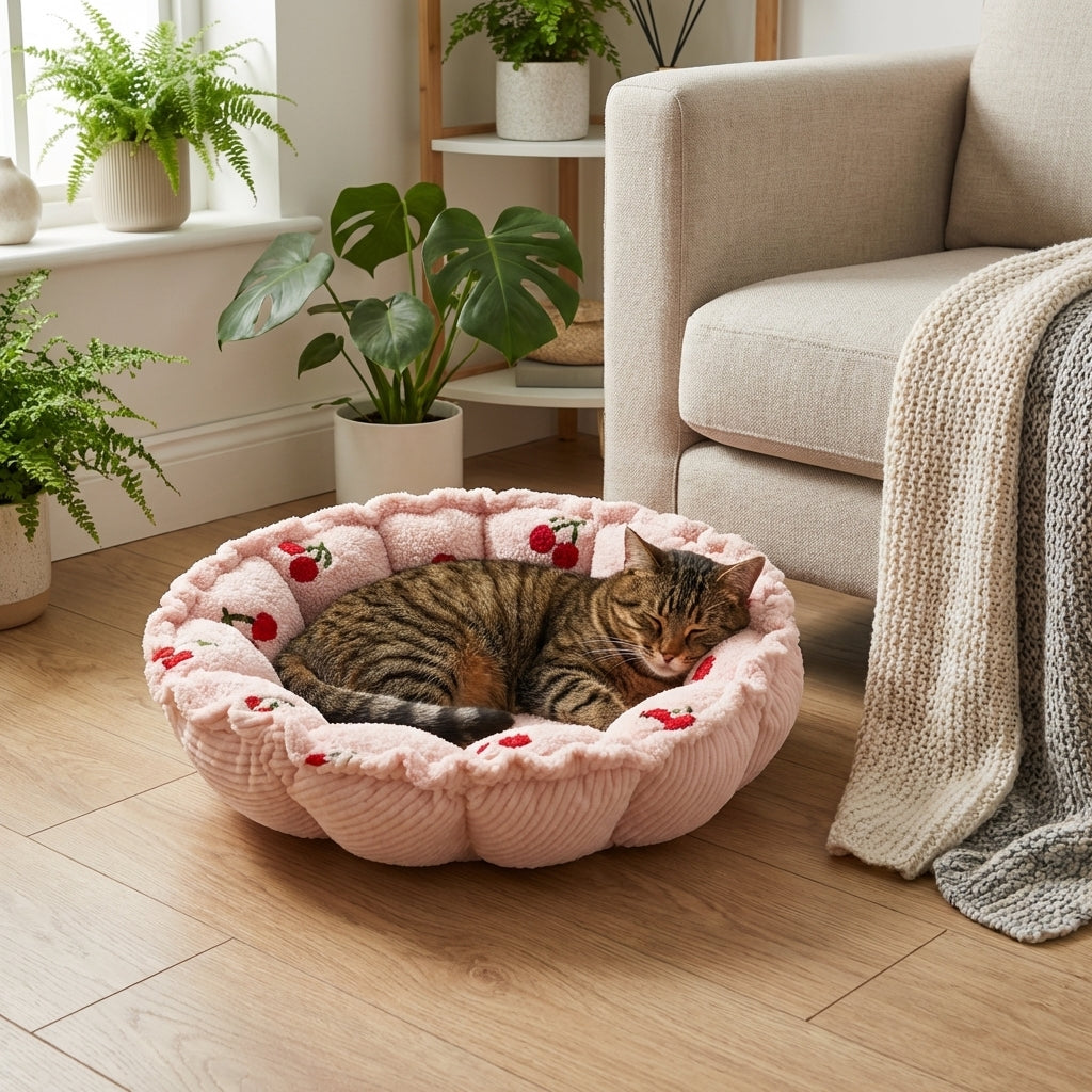 Petal-Shape Adjustable Cat Bed | Cloudy Velvet | Cherry Print | S / M