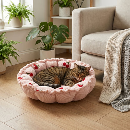 Petal-Shape Adjustable Cat Bed | Cloudy Velvet | Cherry Print | S / M