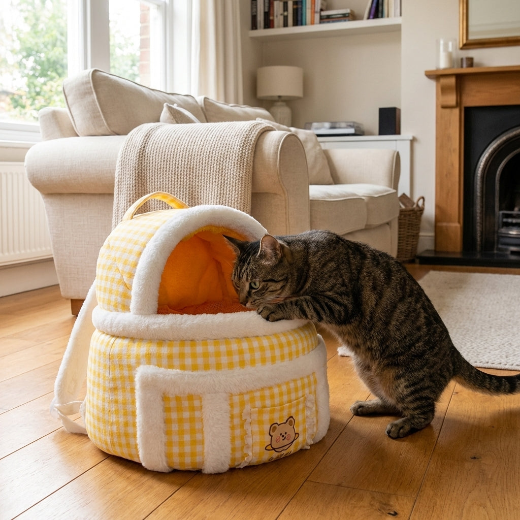 Plush Cat Carrier Bag with Dome Opening | Fleece Lining | M / L