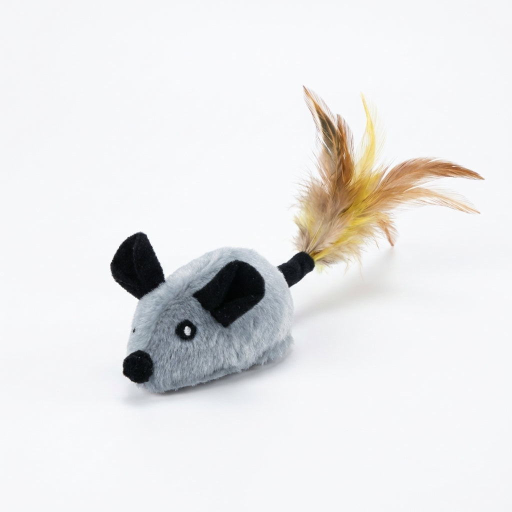 Plush Mouse Cat Toy with Feather Tail | Battery-Operated | Grey / Orange