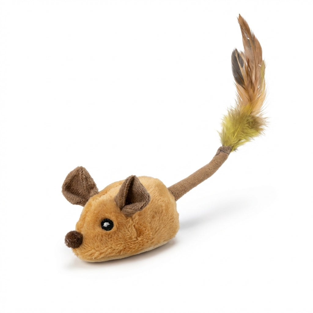 Plush Mouse Cat Toy with Feather Tail | Battery-Operated | Grey / Orange