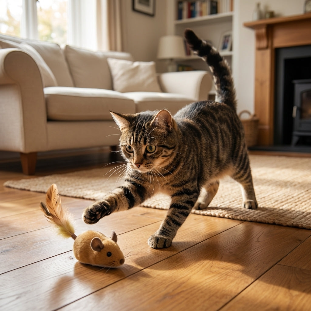 Plush Mouse Cat Toy with Feather Tail | Battery-Operated | Grey / Orange