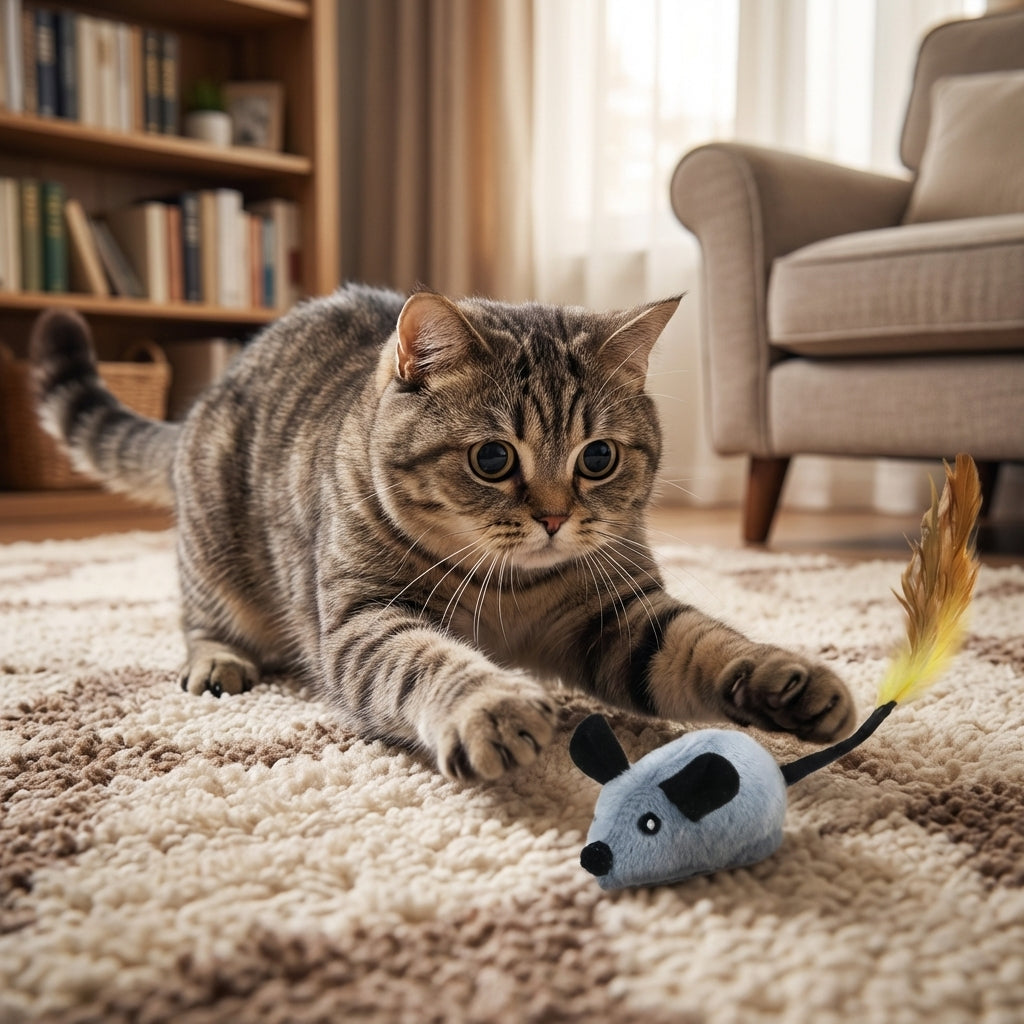 Plush Mouse Cat Toy with Feather Tail | Battery-Operated | Grey / Orange