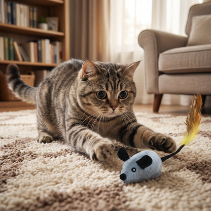 Plush Mouse Cat Toy with Feather Tail | Battery-Operated | Grey / Orange